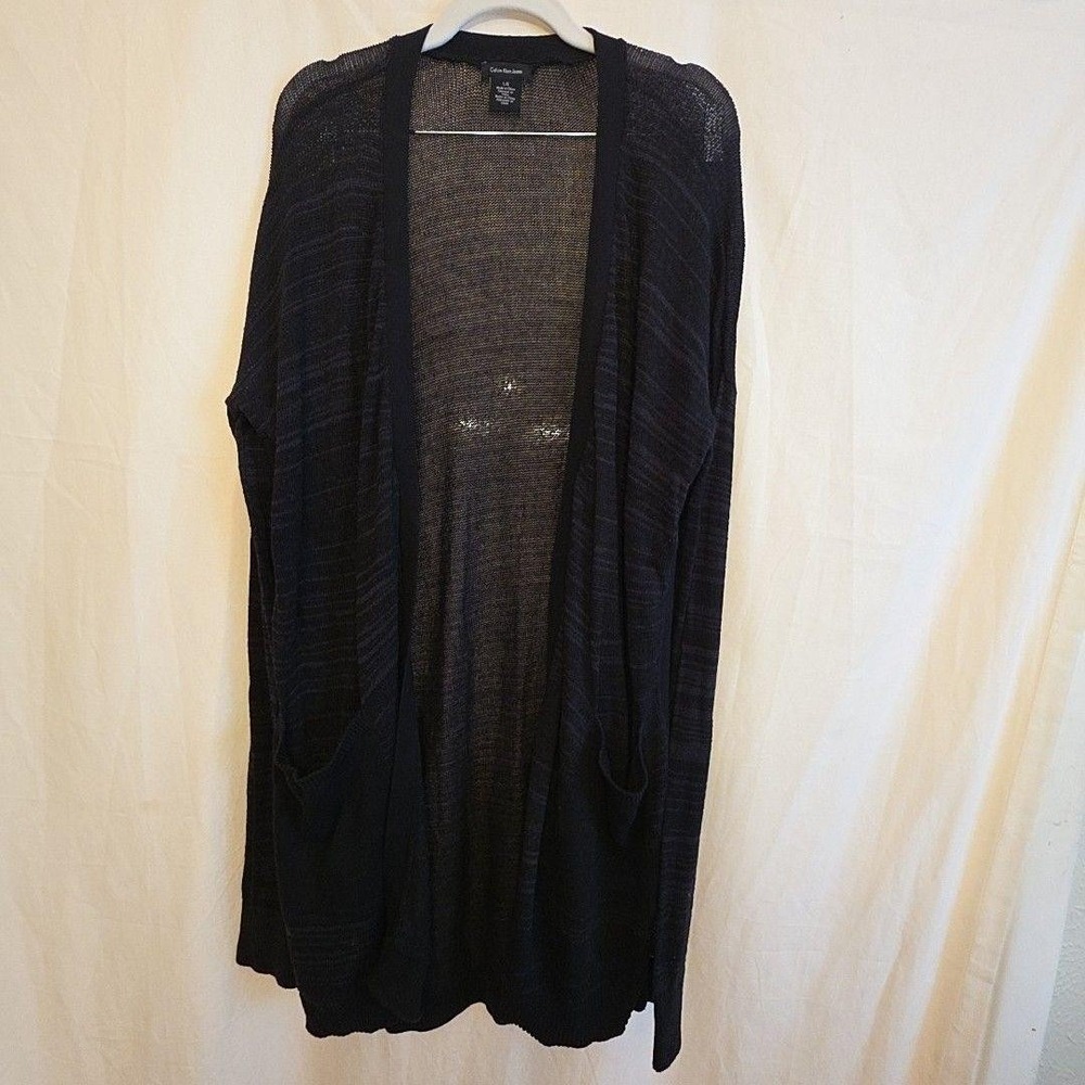Calvin Klein Jeans Cardigan Sweater Womens L Black Open Front Sheer Knit Stripe